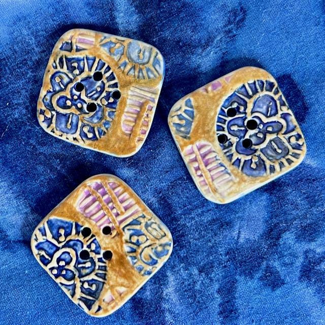 Purple and Blue Boho Designs on Brown Square Buttons