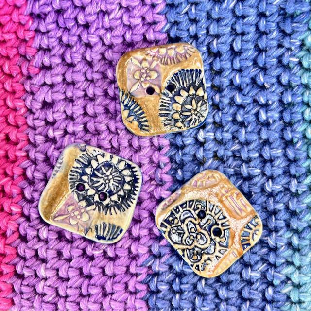 Purple and Blue Boho Designs on Brown Square Buttons