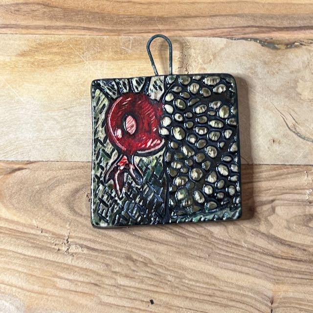 Red Berries and Textures in Black Ceramic Pendants