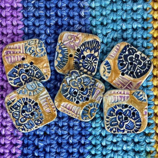 Purple and Blue Boho Designs on Brown Square Buttons