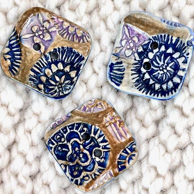 Purple and Blue Boho Designs on Brown Square Buttons