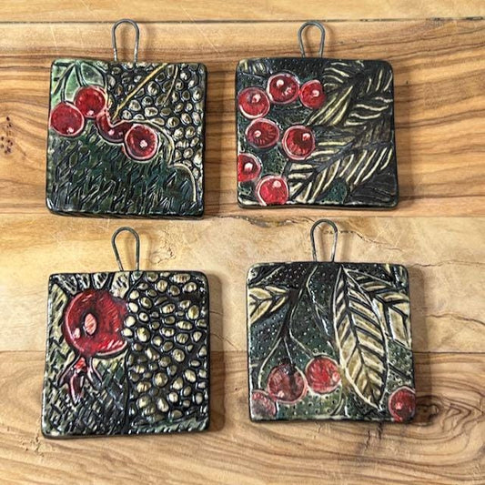 Red Berries and Textures in Black Ceramic Pendants