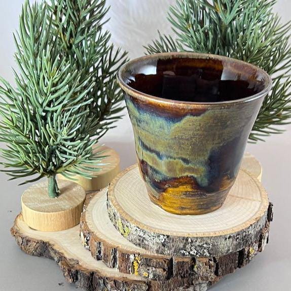 Oil Spot Brown and Golden Brown White Stoneware 4 ounce Tumbler