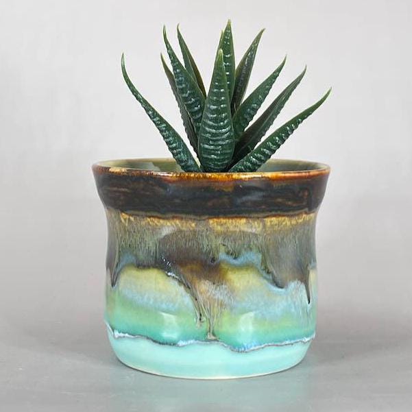 Copper and Aqua Blue Small Cache Pot/ Yunomi