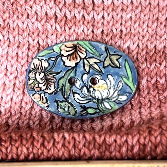Cottage Garden Flowers on Blue Oval Buttons