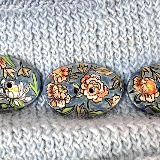 Cottage Garden Flowers on Blue Oval Buttons