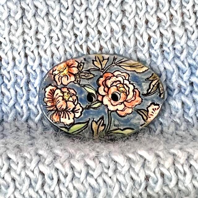 Cottage Garden Flowers on Blue Oval Buttons