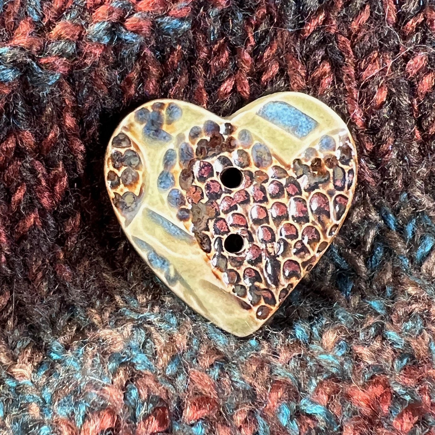 Large Textured Turquoise Blue and Green with Copper Heart Shaped Button