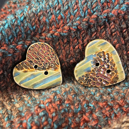 Large Textured Turquoise Blue and Green with Copper Heart Shaped Button