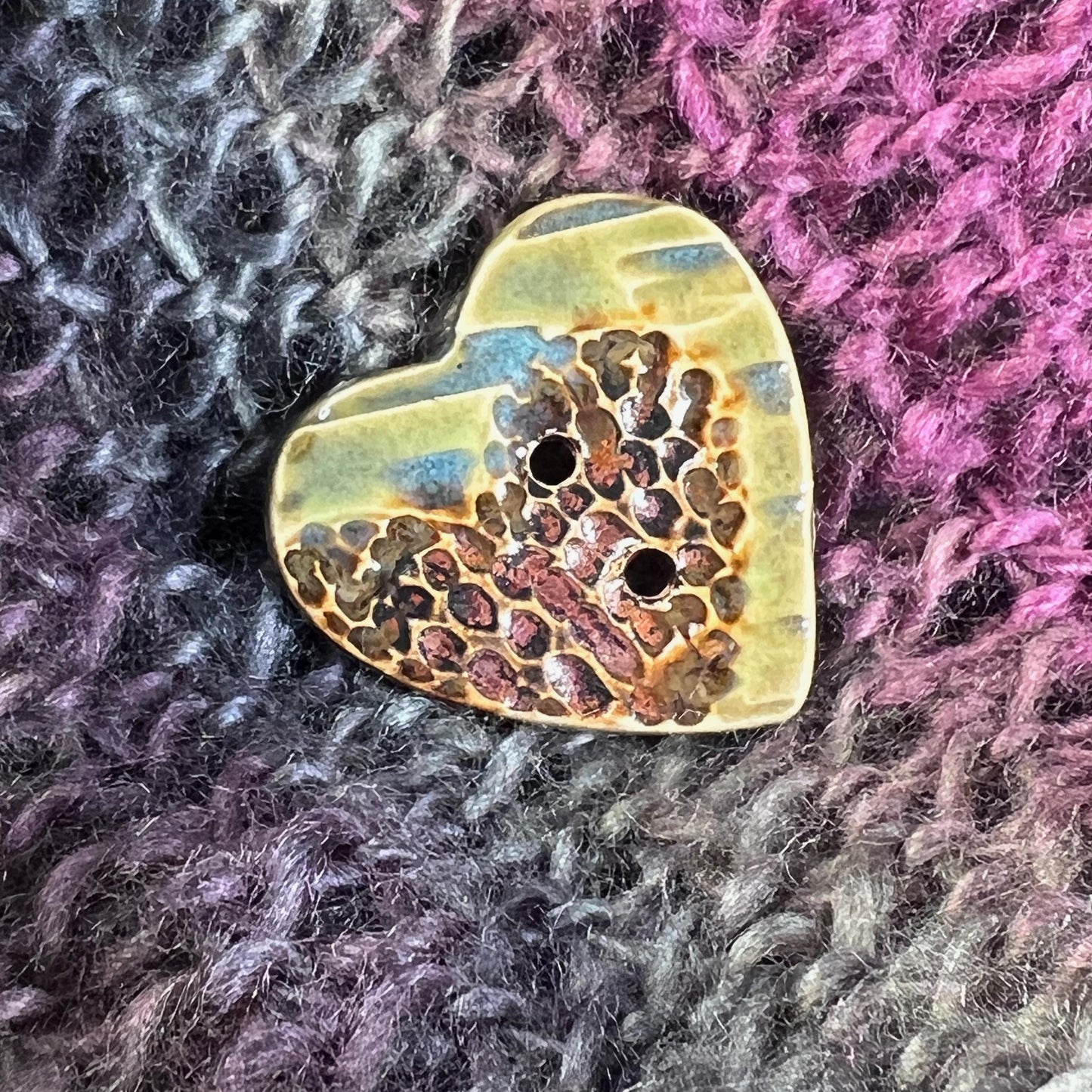 Large Textured Turquoise Blue and Green with Copper Heart Shaped Button