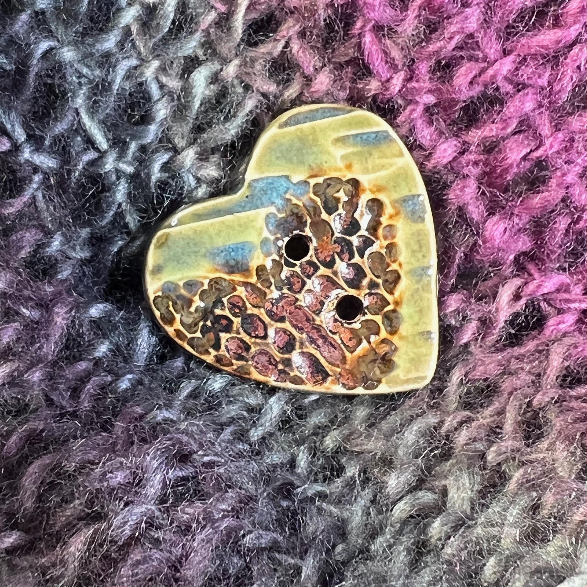 Large Textured Turquoise Blue and Green with Copper Heart Shaped Button