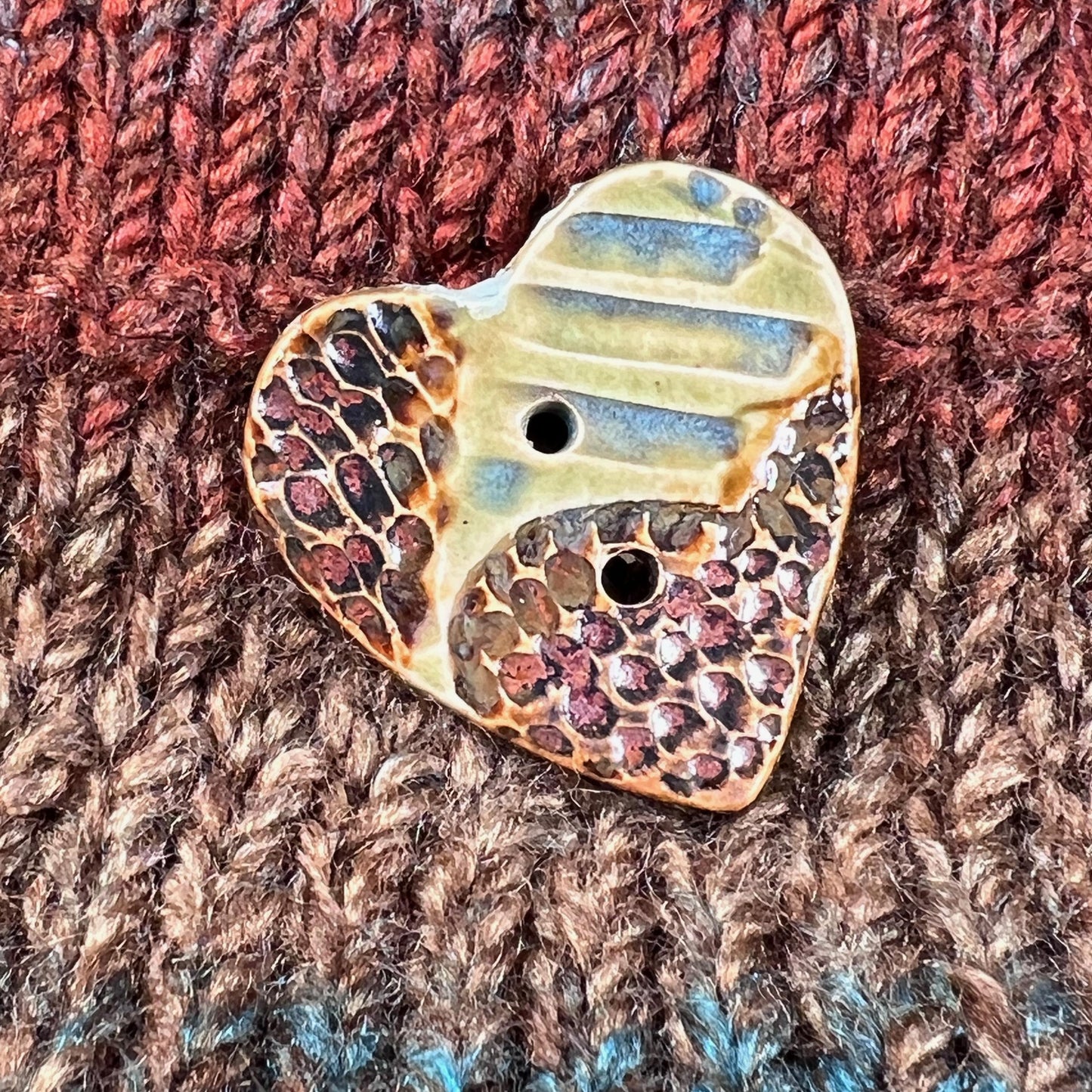 Large Textured Turquoise Blue and Green with Copper Heart Shaped Button