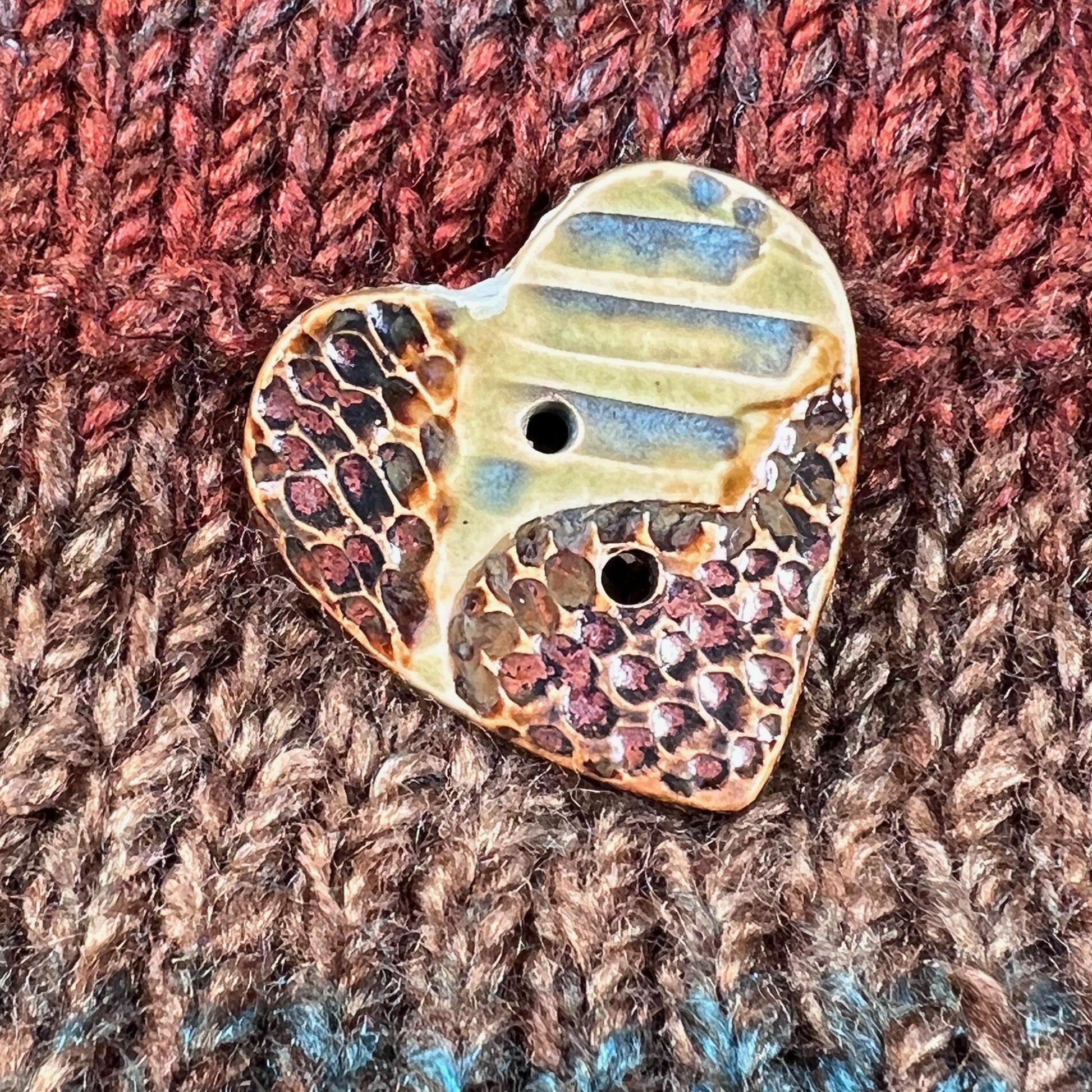 Large Textured Turquoise Blue and Green with Copper Heart Shaped Button