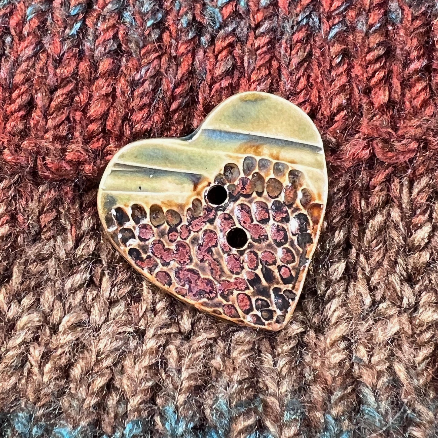 Large Textured Turquoise Blue and Green with Copper Heart Shaped Button