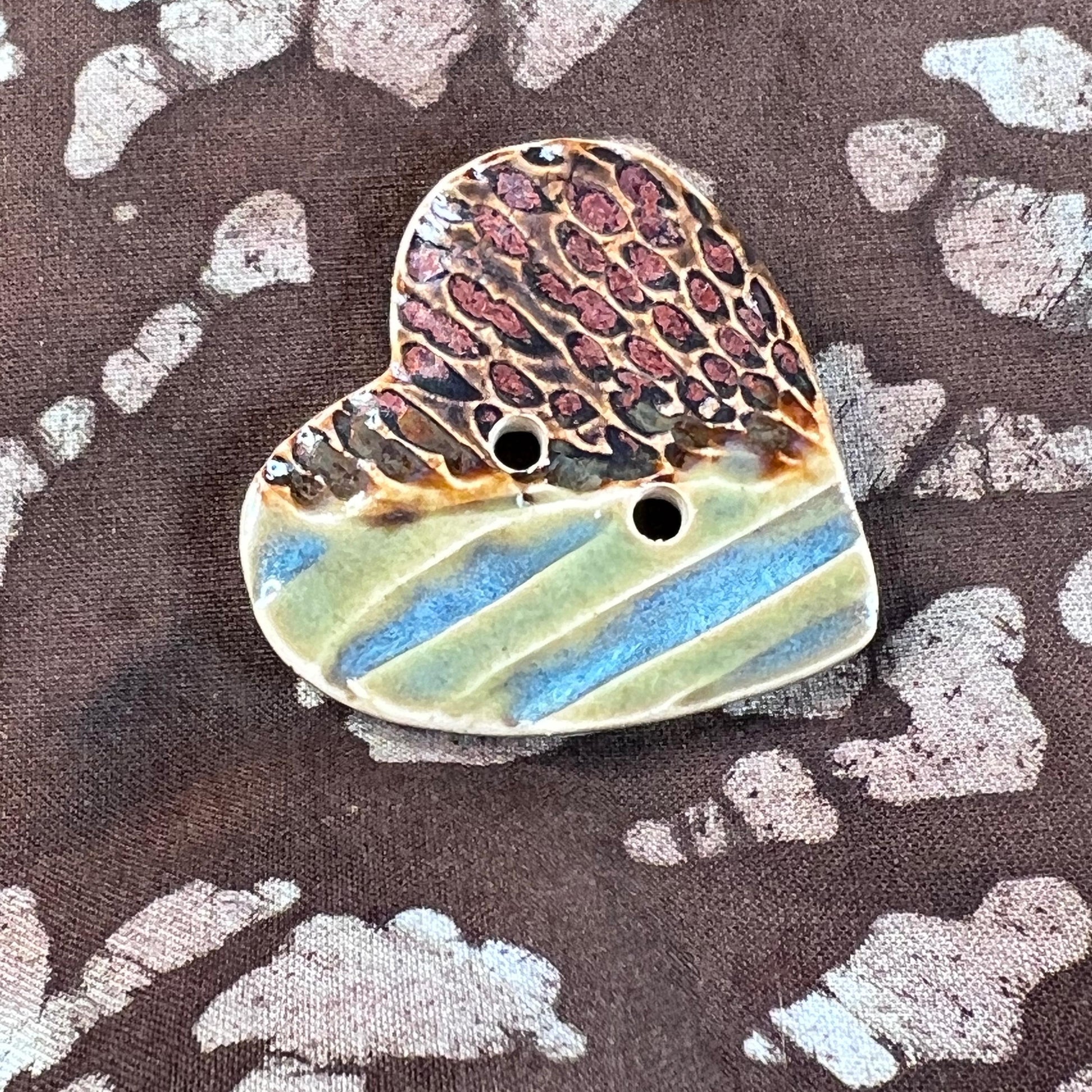 Large Textured Turquoise Blue and Green with Copper Heart Shaped Button