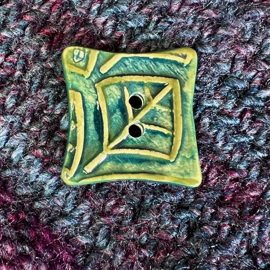 Square Green Button With Graphic Leaf Stamp 2 Holes
