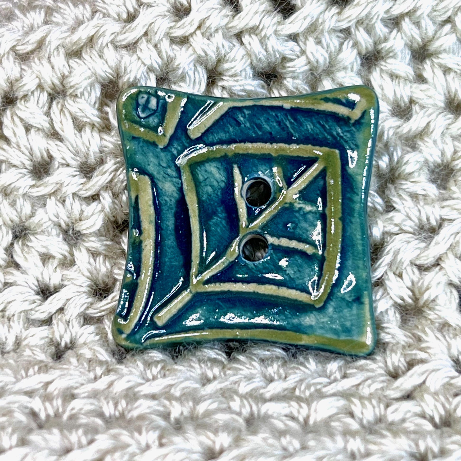 Square Green Button With Graphic Leaf Stamp 2 Holes