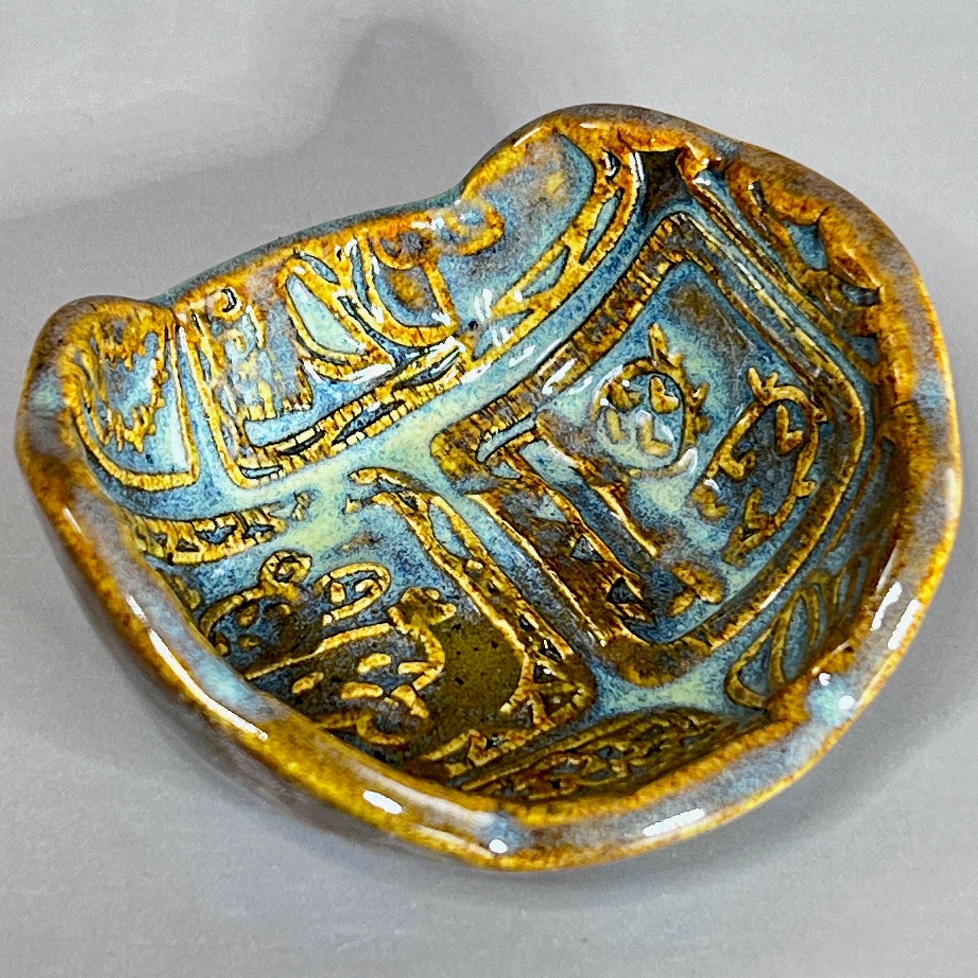 Agave Green and Blue on Amber Brown Succulent Patterned Teabag Holder and Spoonrest