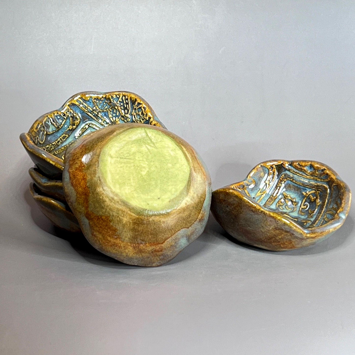 Agave Green and Blue on Amber Brown Succulent Patterned Teabag Holder and Spoonrest