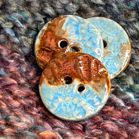 Light Azure Blue and Copper Textured Round Button with 2 Holes