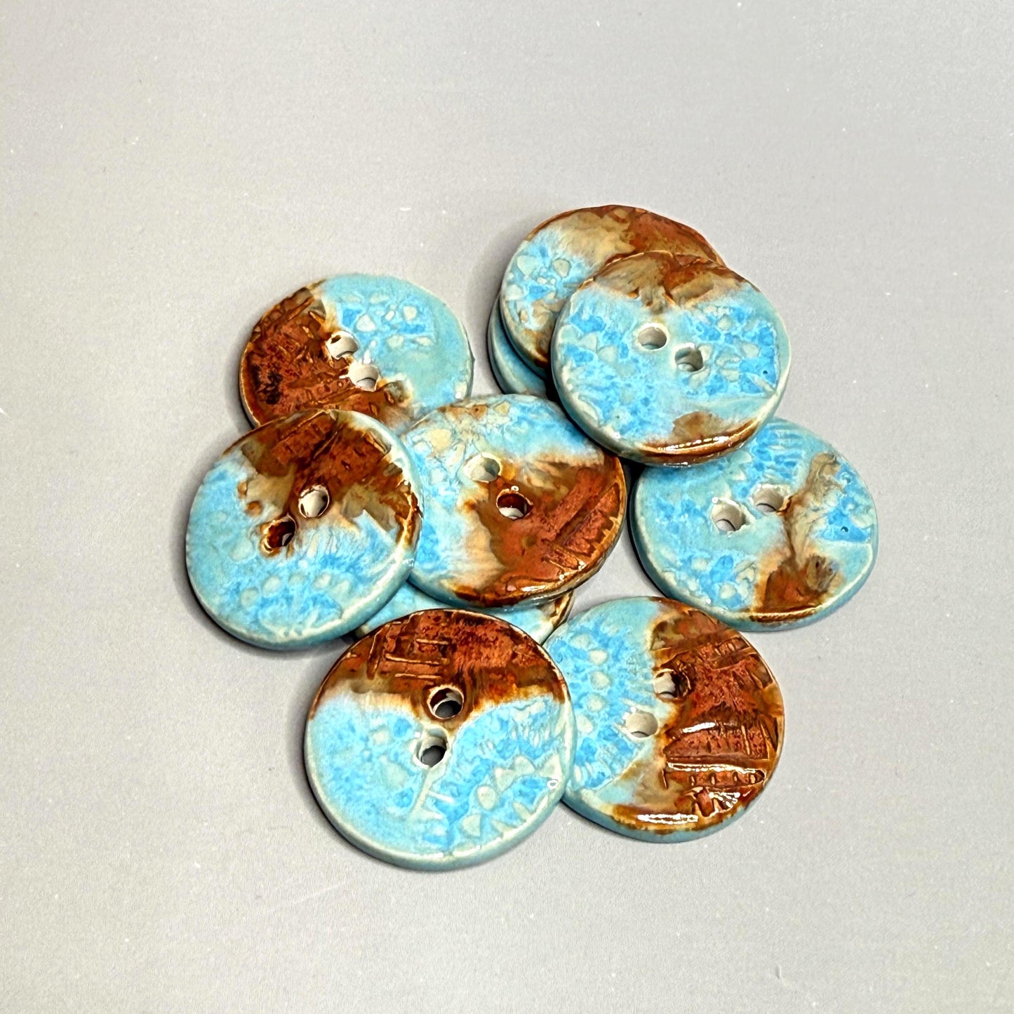 Light Azure Blue and Copper Textured Round Button with 2 Holes