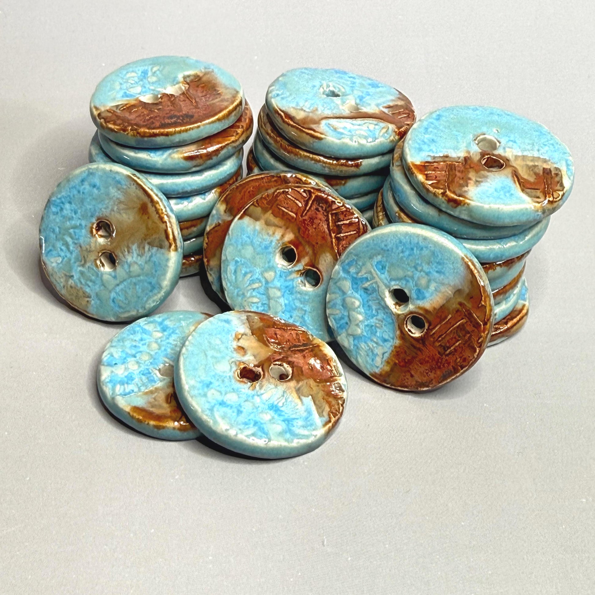 Light Azure Blue and Copper Textured Round Button with 2 Holes