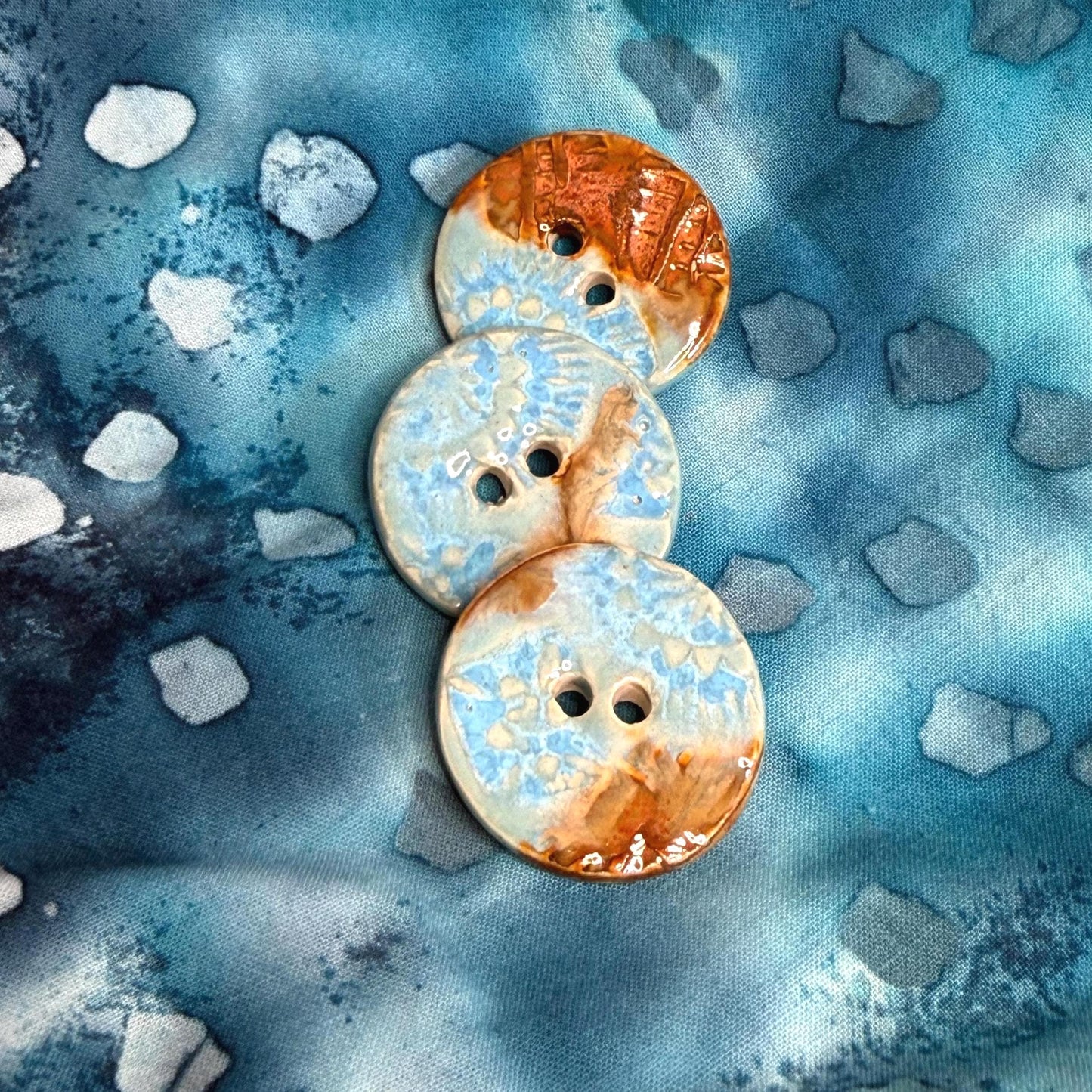 Light Azure Blue and Copper Textured Round Button with 2 Holes