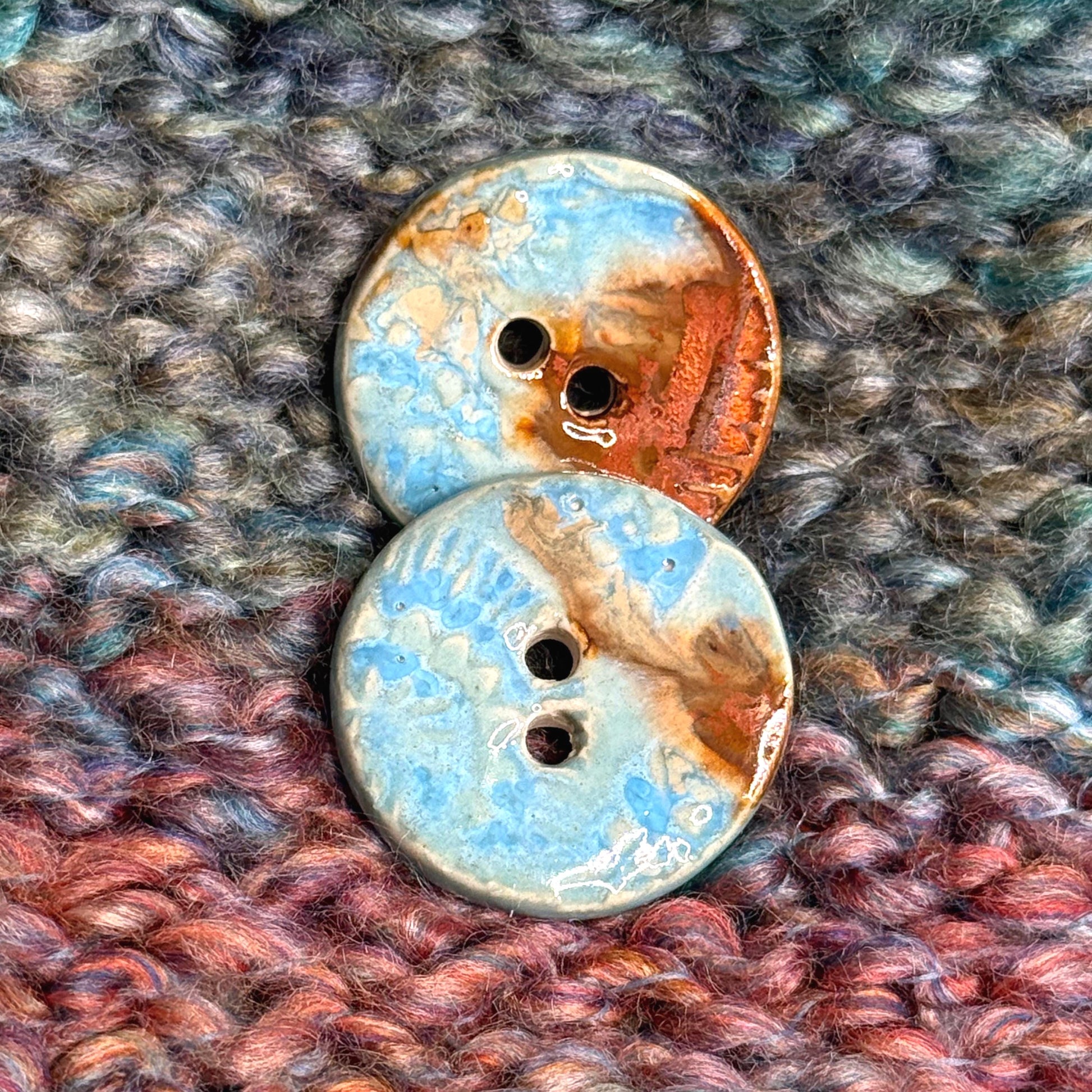 Light Azure Blue and Copper Textured Round Button with 2 Holes