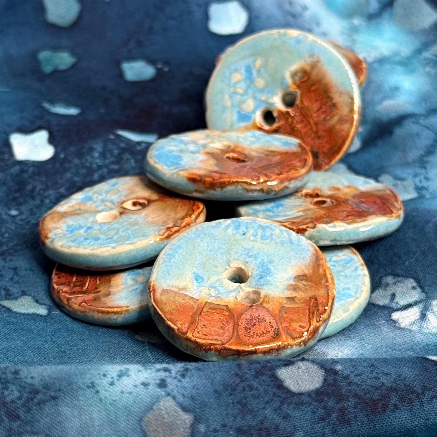 Light Azure Blue and Copper Textured Round Button with 2 Holes