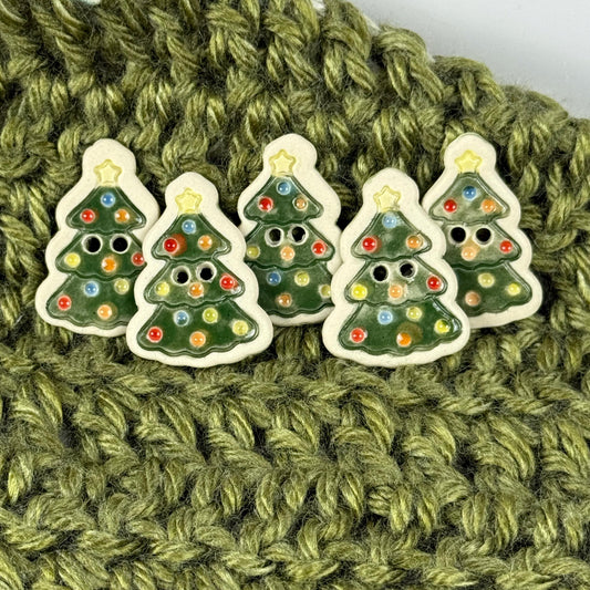 Set of 5 Christmas Tree with Decorations Ceramic Buttons