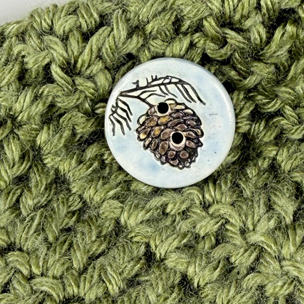 Pinecone with Pine Branch on Blue Round Ceramic Buttons