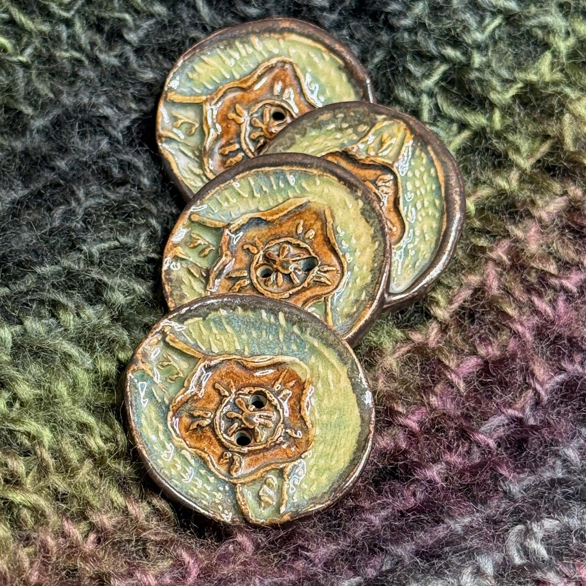 Flower and Leaf Textured Button Blue/Green/Brown