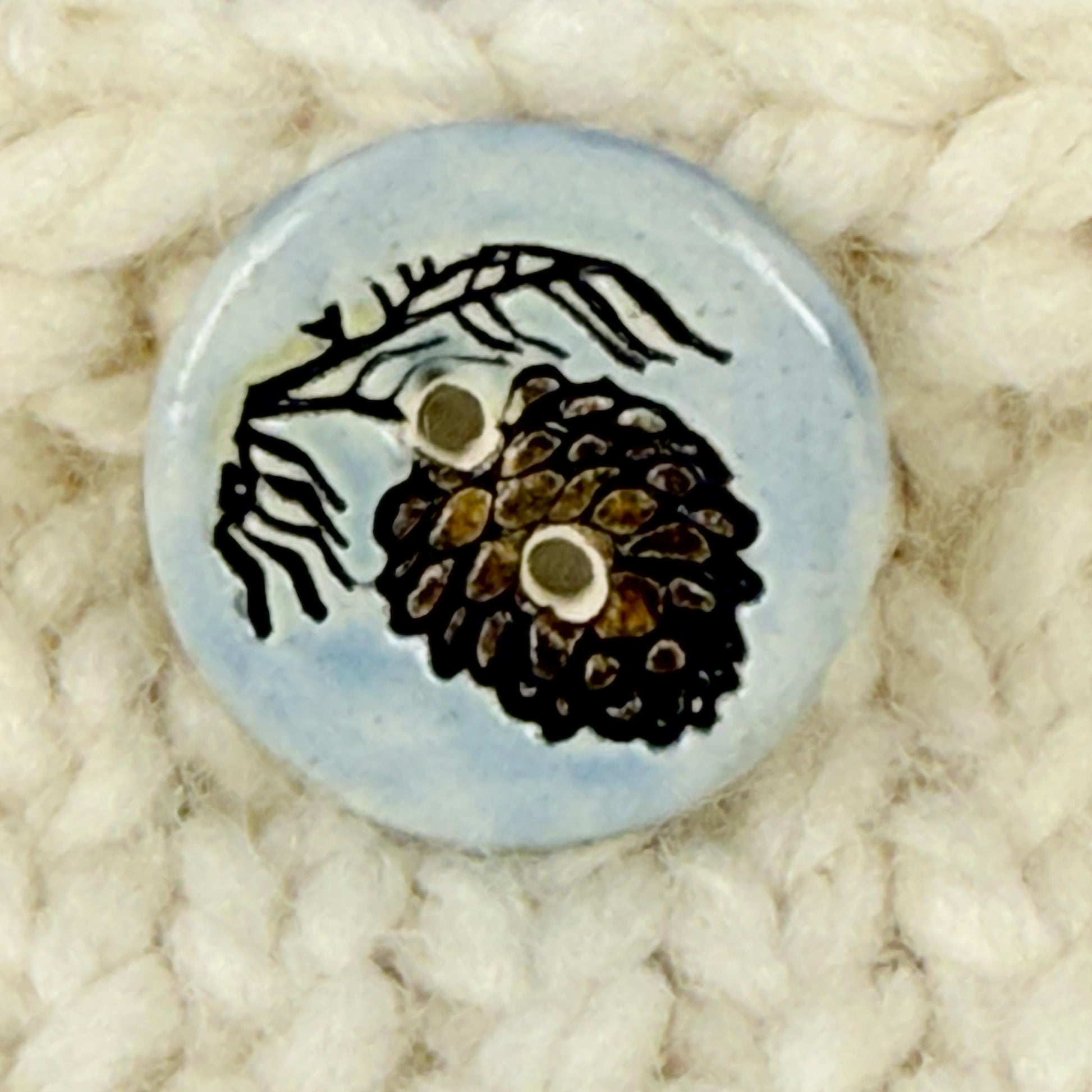 Pinecone with Pine Branch on Blue Round Ceramic Buttons