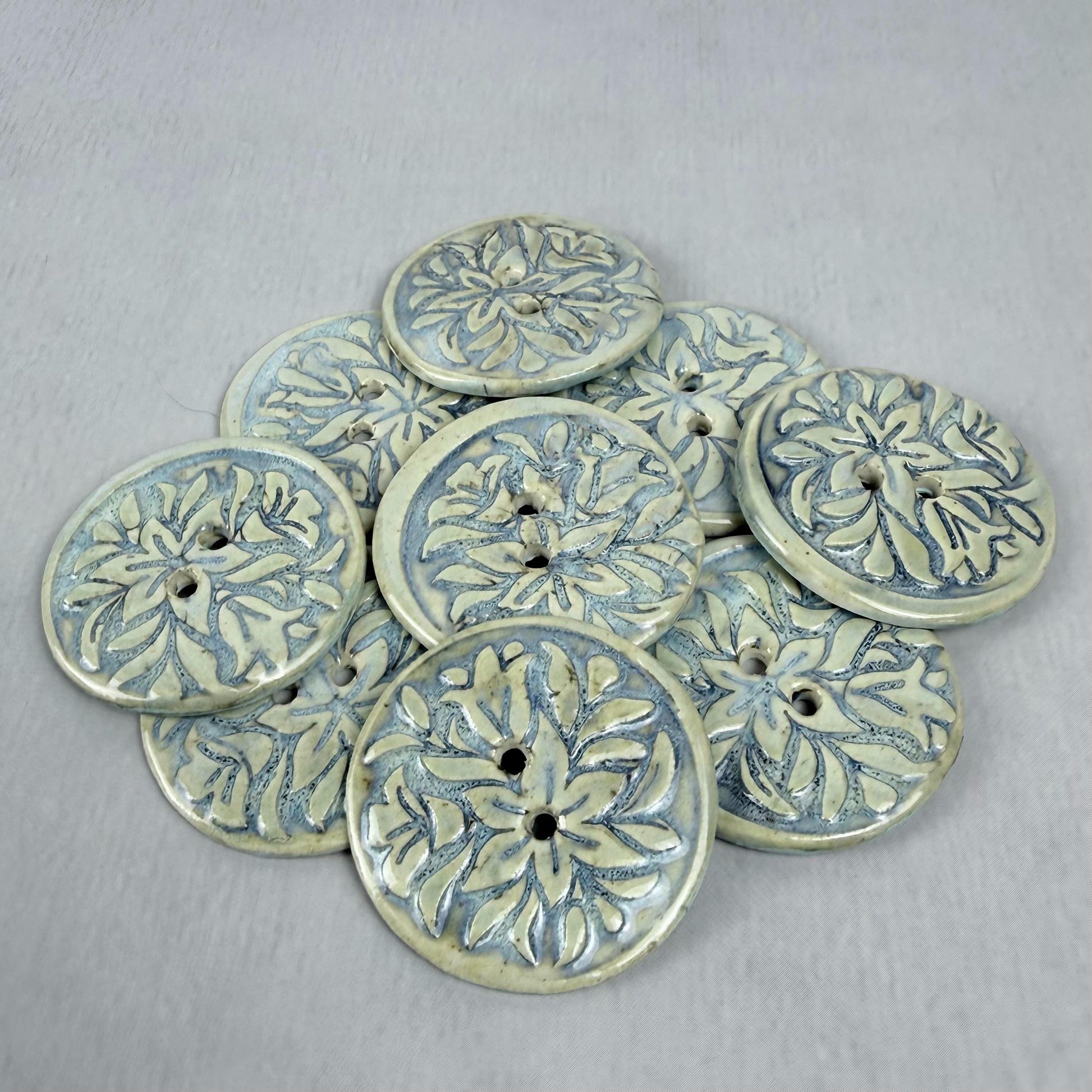 White and Blue Lily Ceramic Button