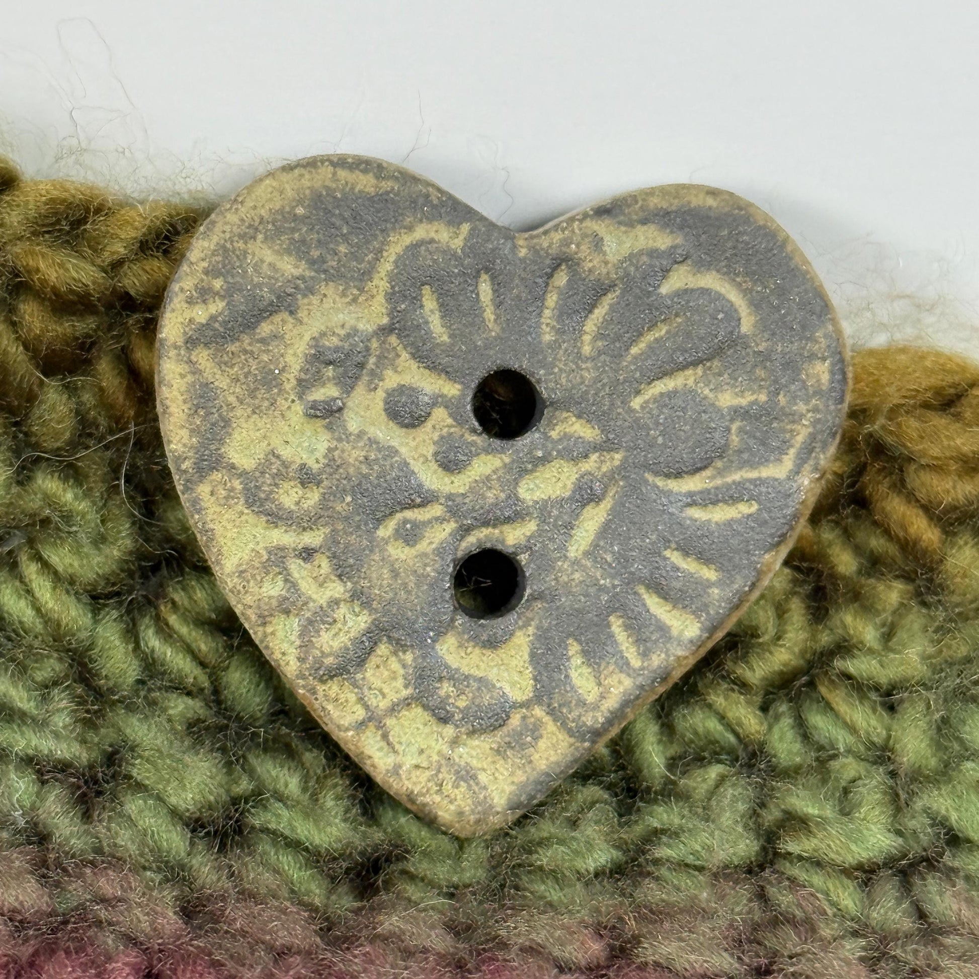 Matcha Green Floral Pattern on Black Porcelain Heart Button