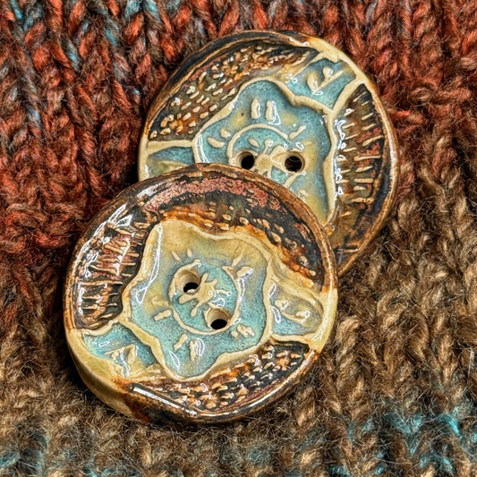 Flower and Leaf Textured Button Blue and Copper