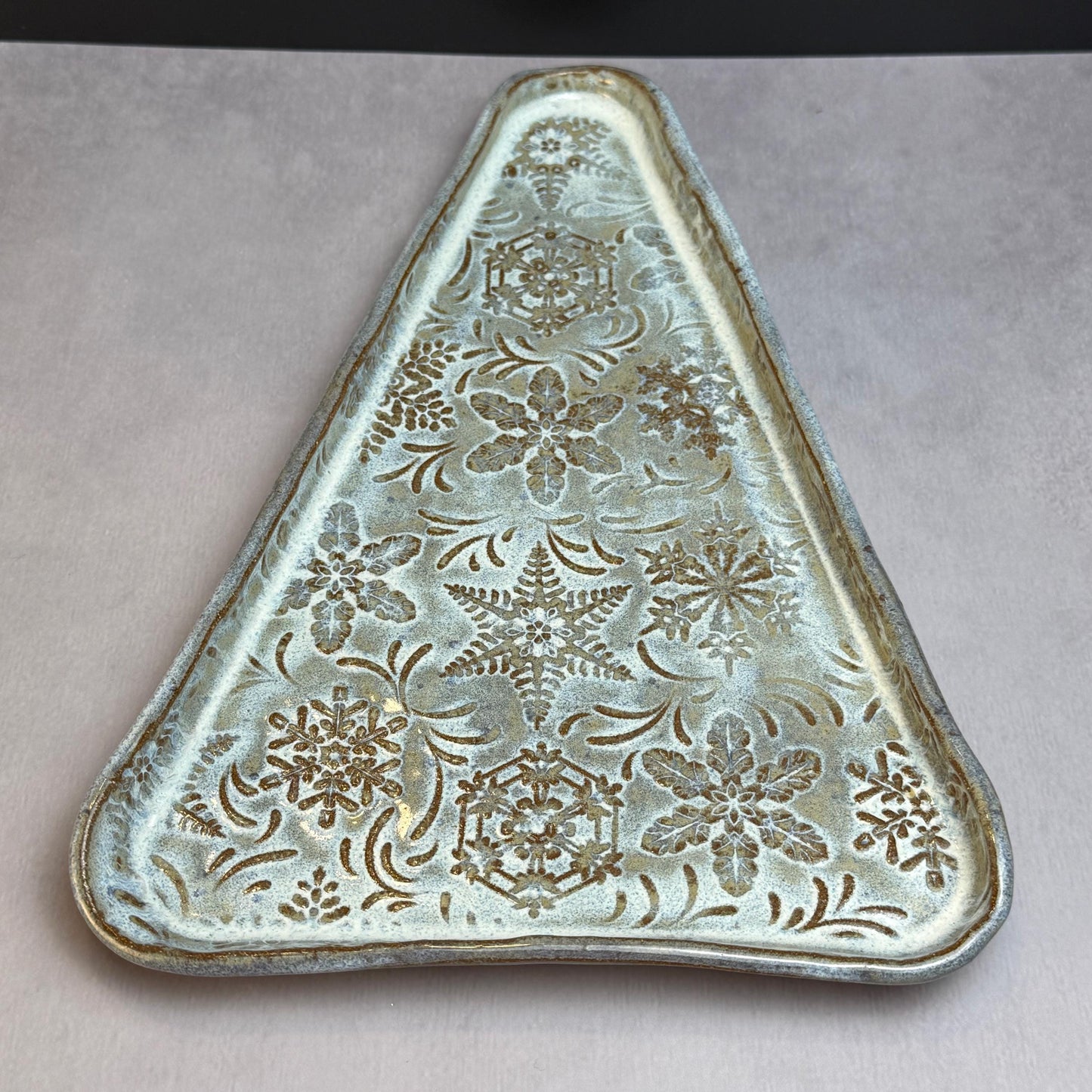 MCM Tree Shaped Tray with Snowflake Pattern White on Brown Stoneware