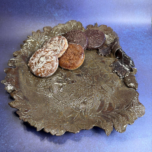 Large Brown and Green Leaf Organic Shaped Serving Plate/Platter