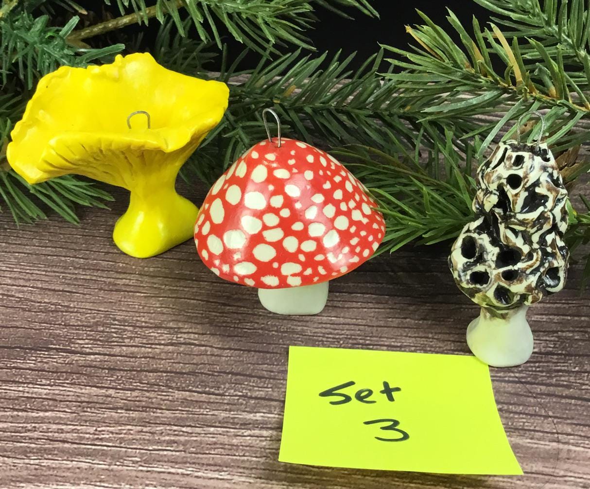Set of 3 Ceramic Mushroom Ornaments