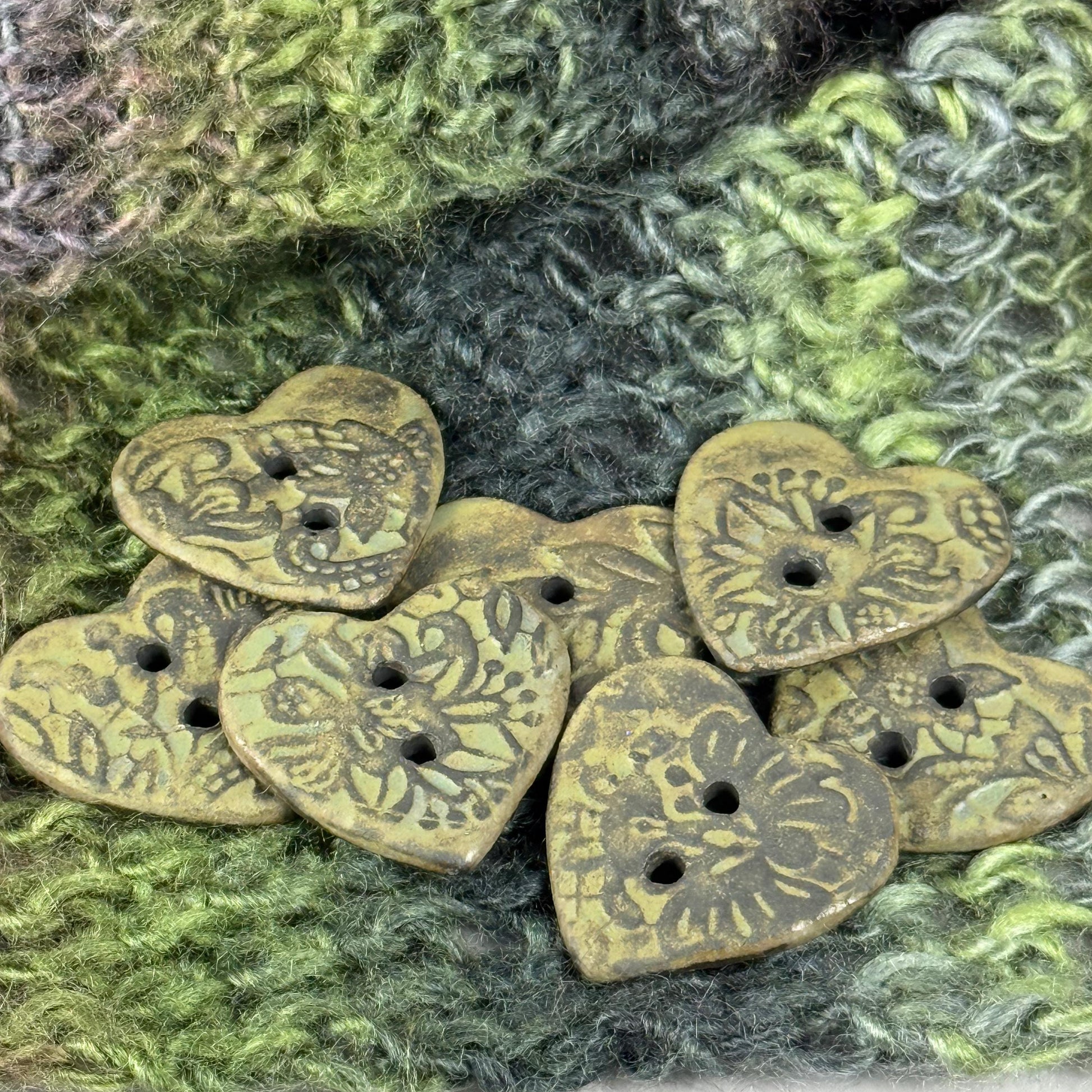 Matcha Green Floral Pattern on Black Porcelain Heart Button