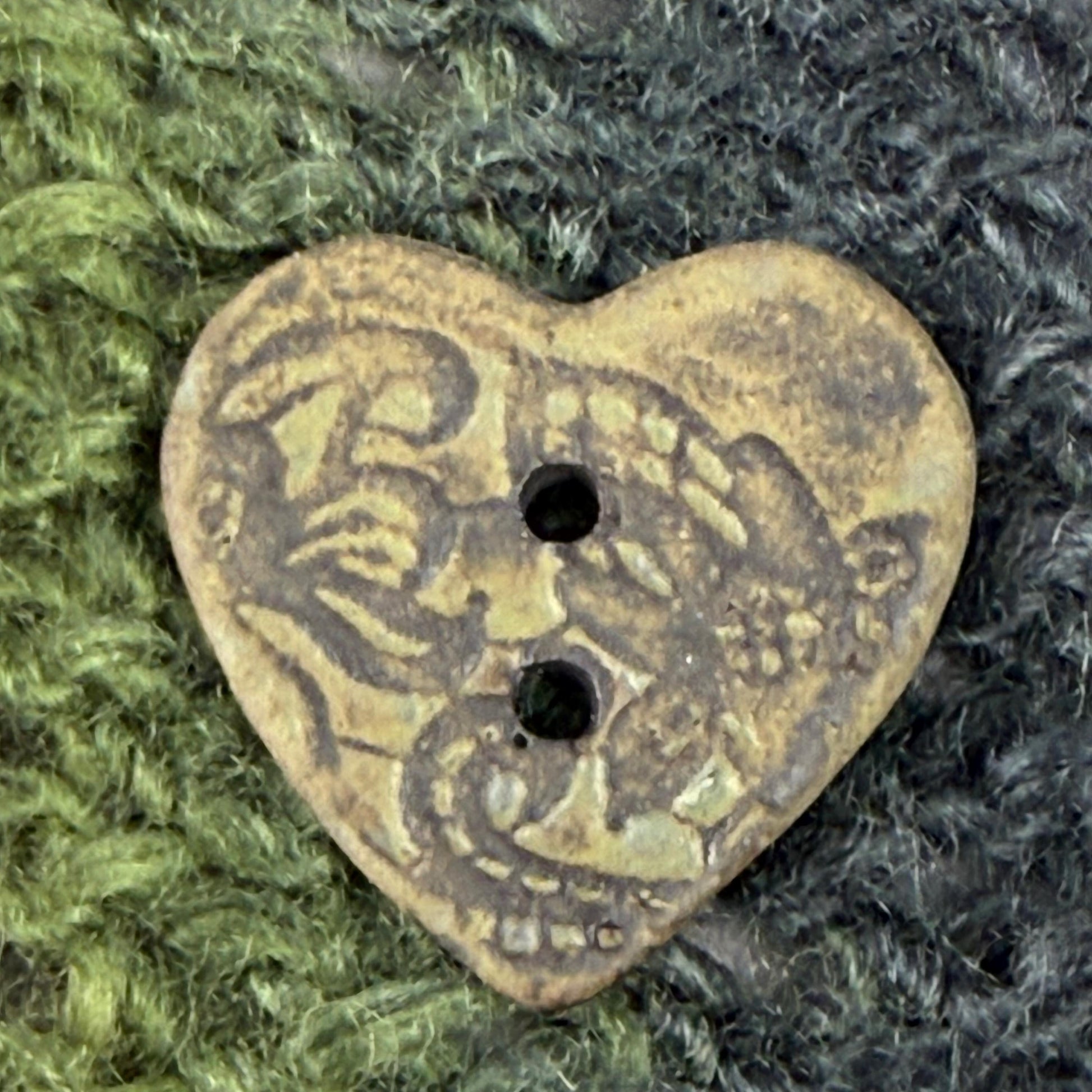 Matcha Green Floral Pattern on Black Porcelain Heart Button
