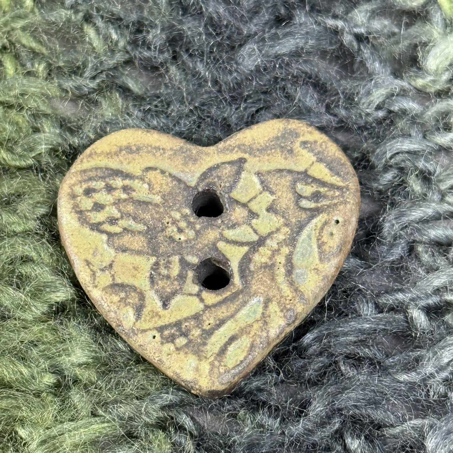 Matcha Green Floral Pattern on Black Porcelain Heart Button