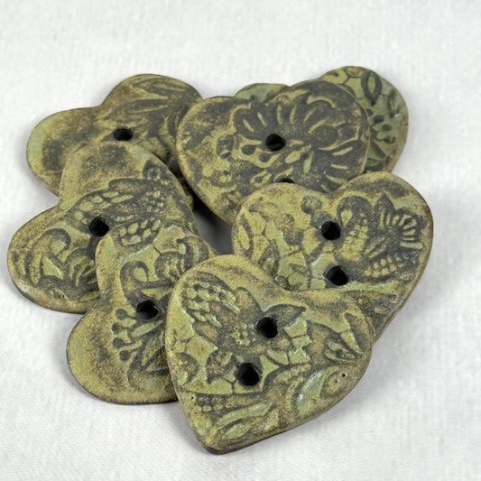 Matcha Green Floral Pattern on Black Porcelain Heart Button