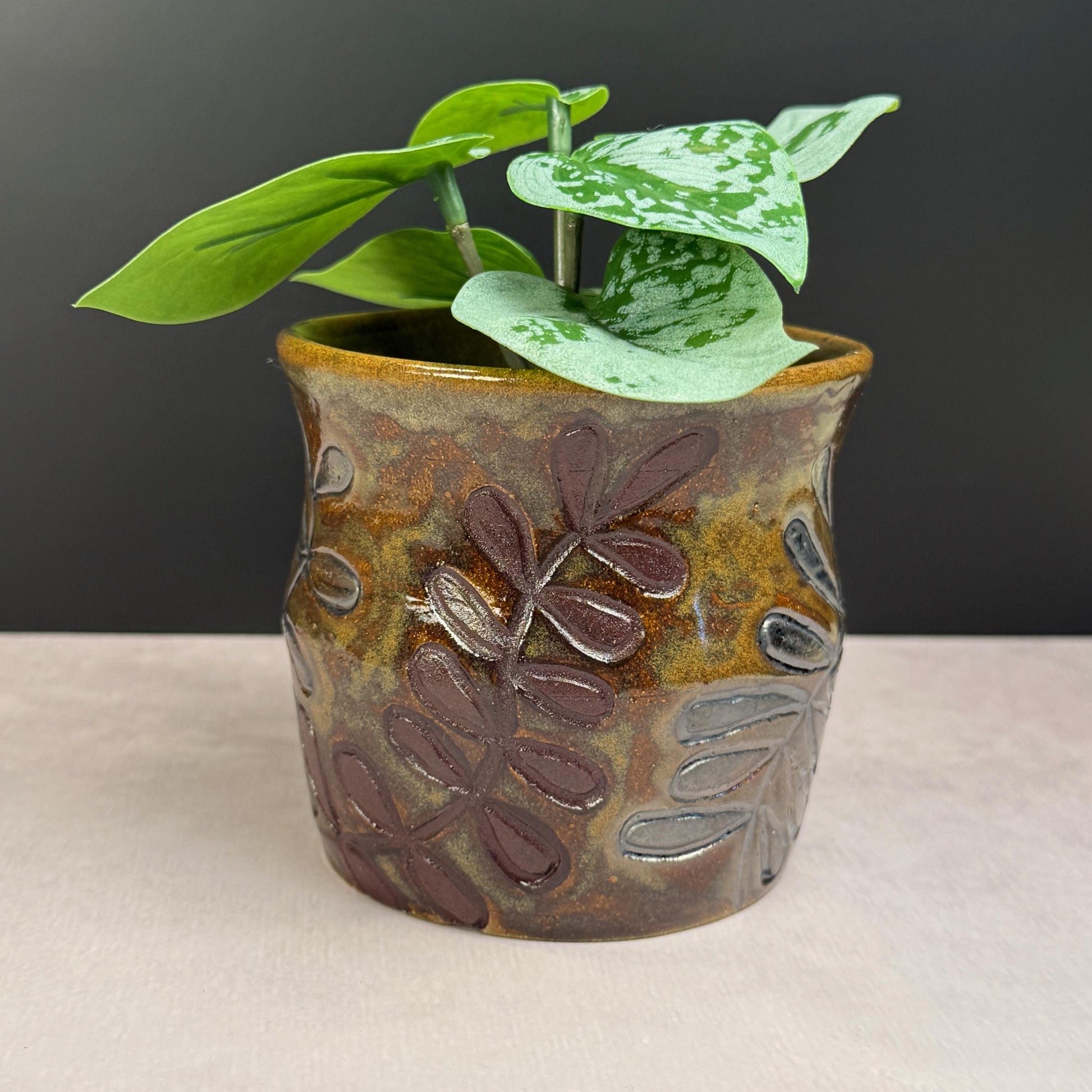 Brown Leaves on a Brown and Green Stoneware Pot/Desk Caddy