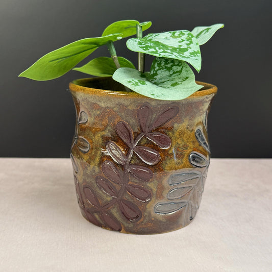 Brown Leaves on a Brown and Green Stoneware Pot/Desk Caddy