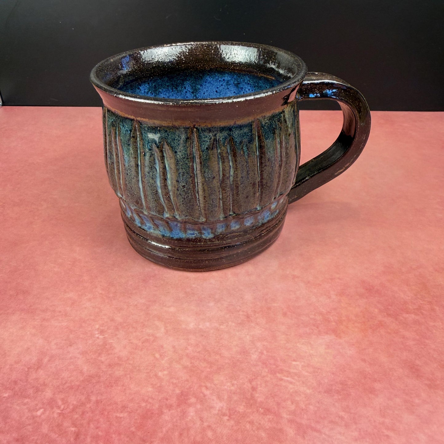 Midnight Blue and Brown Carved Rustic Mug