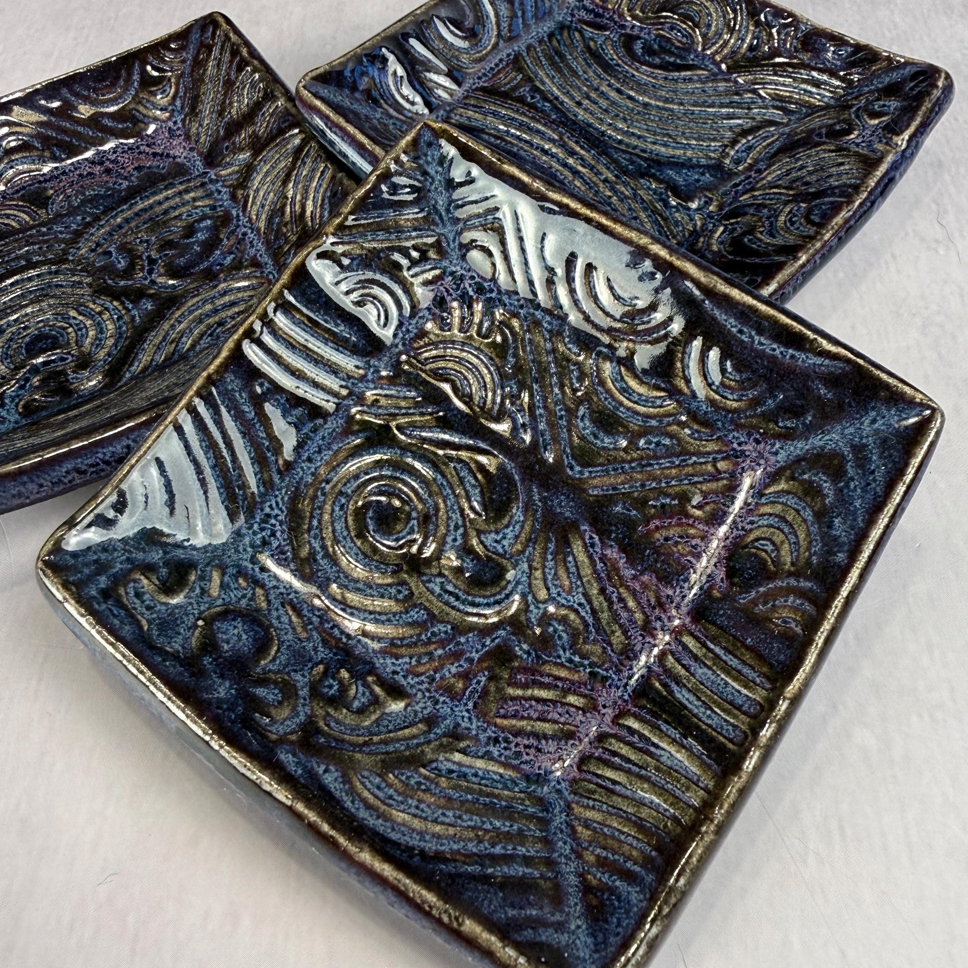 Dark Blue and Purple Wave Patterned Teabag Holder and Spoon Rest