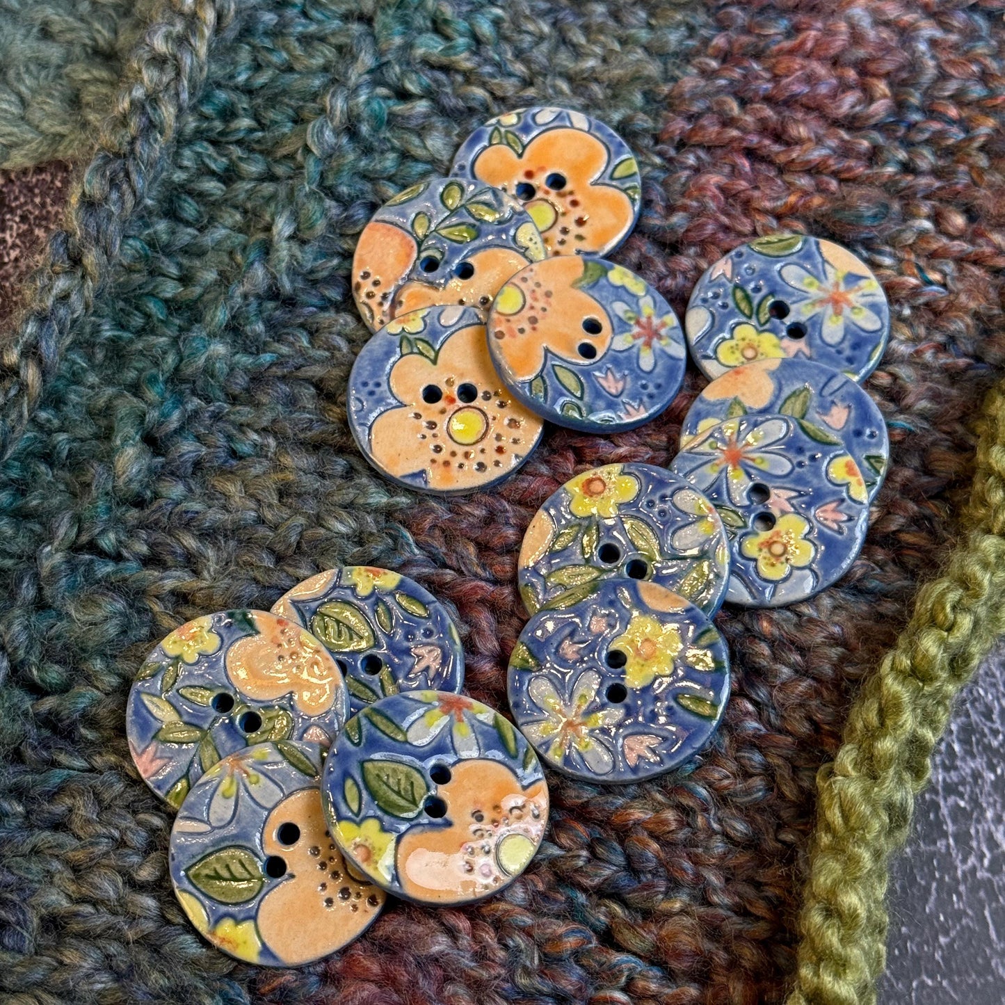 Orange and Blue Graphic Flowers Ceramic Buttons