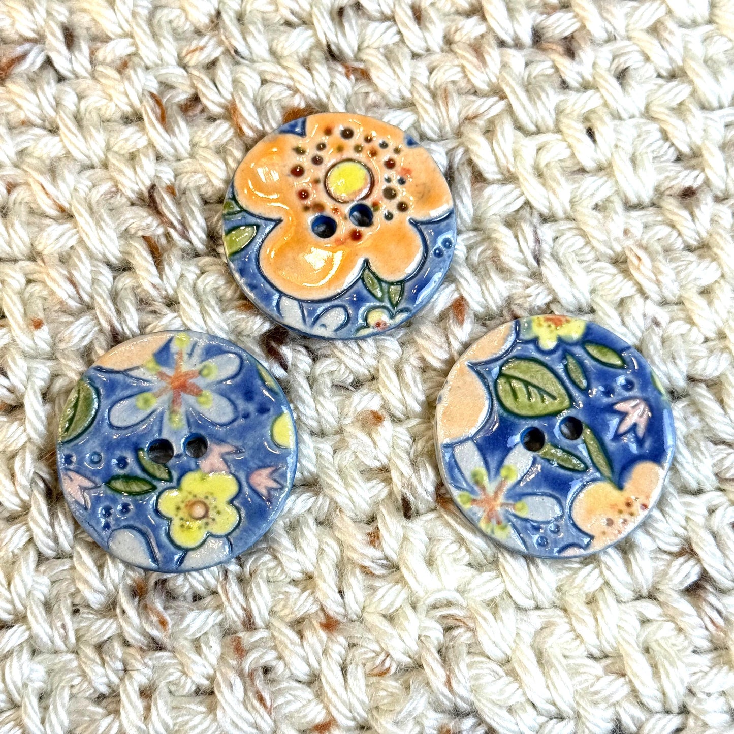 Orange and Blue Graphic Flowers Ceramic Buttons