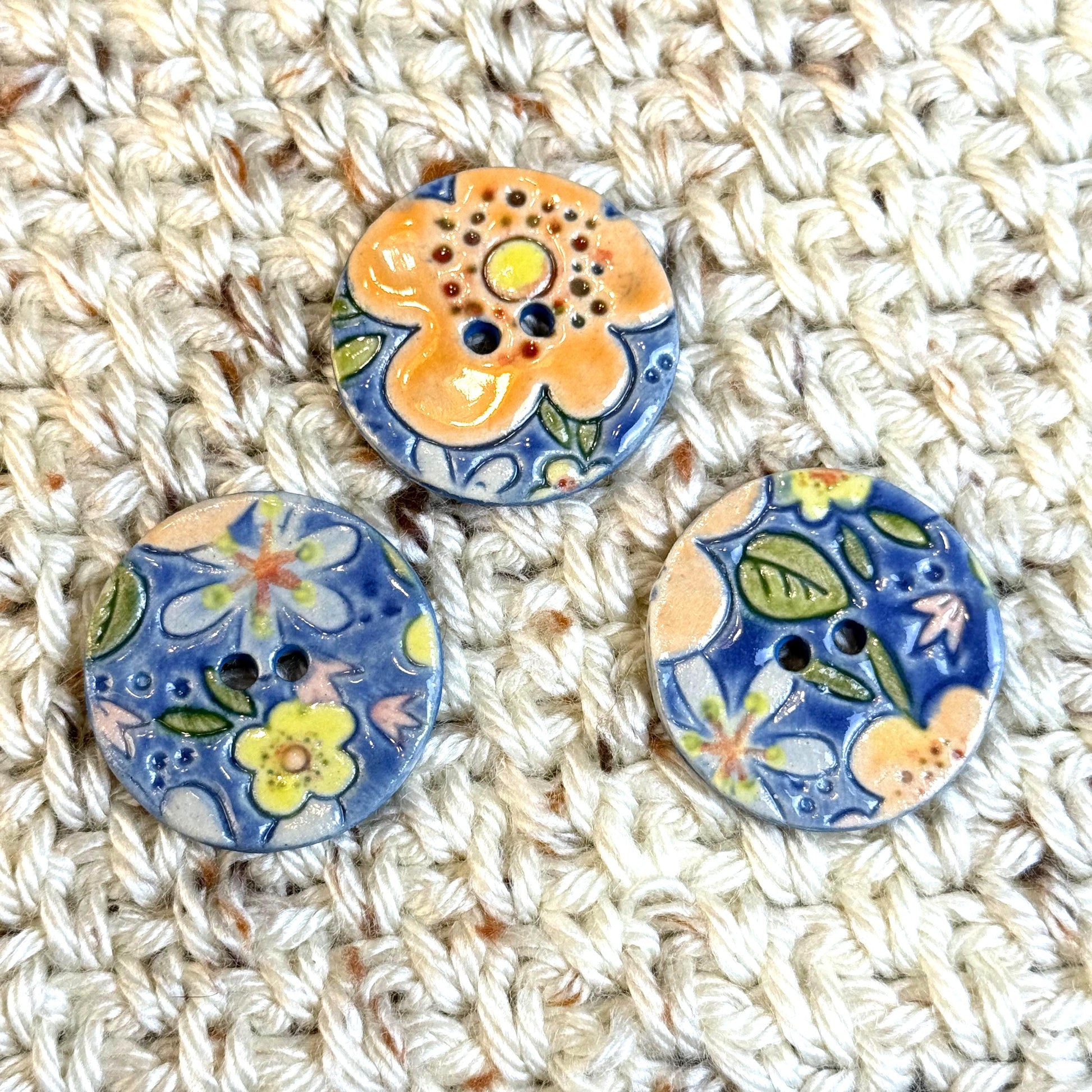 Orange and Blue Graphic Flowers Ceramic Buttons